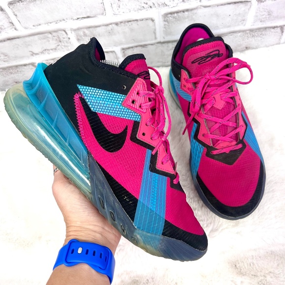 Nike Lebron Other - |•NIKE•| Men's Lebron XVIII Low Neon Light Fireberry Blk Lt Blue Fury Size 8.5